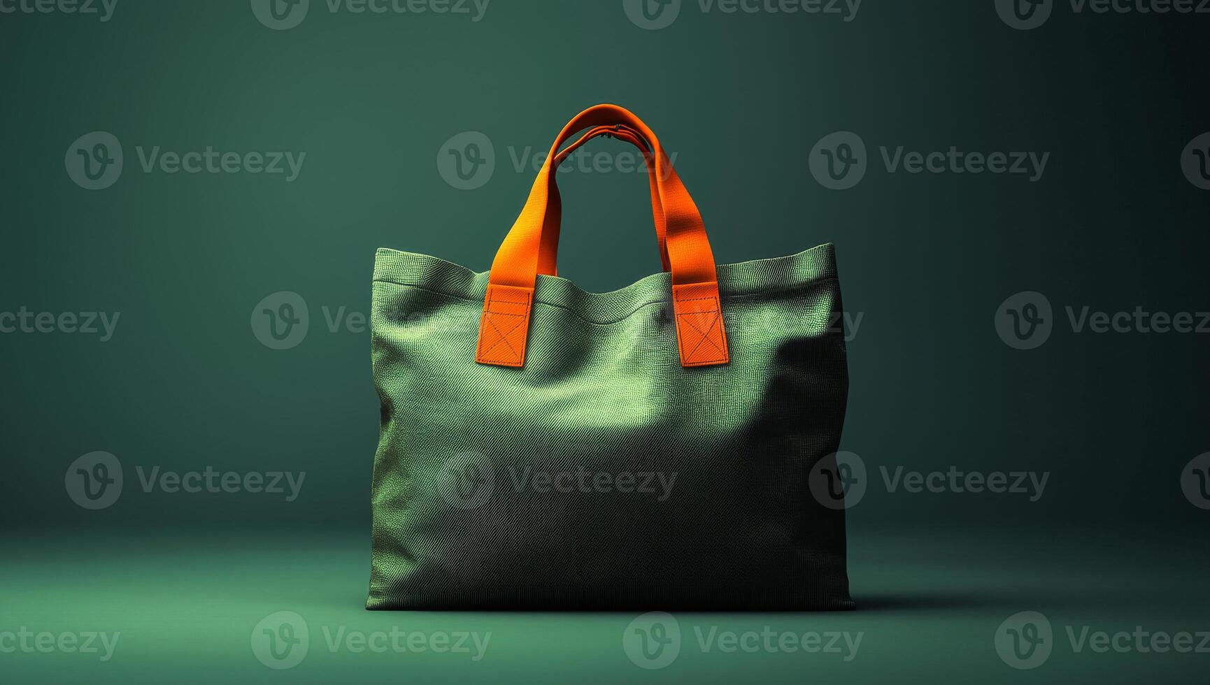 A green and orange purse is displayed on a green background. The purse is made of a material that looks like wood grain photo