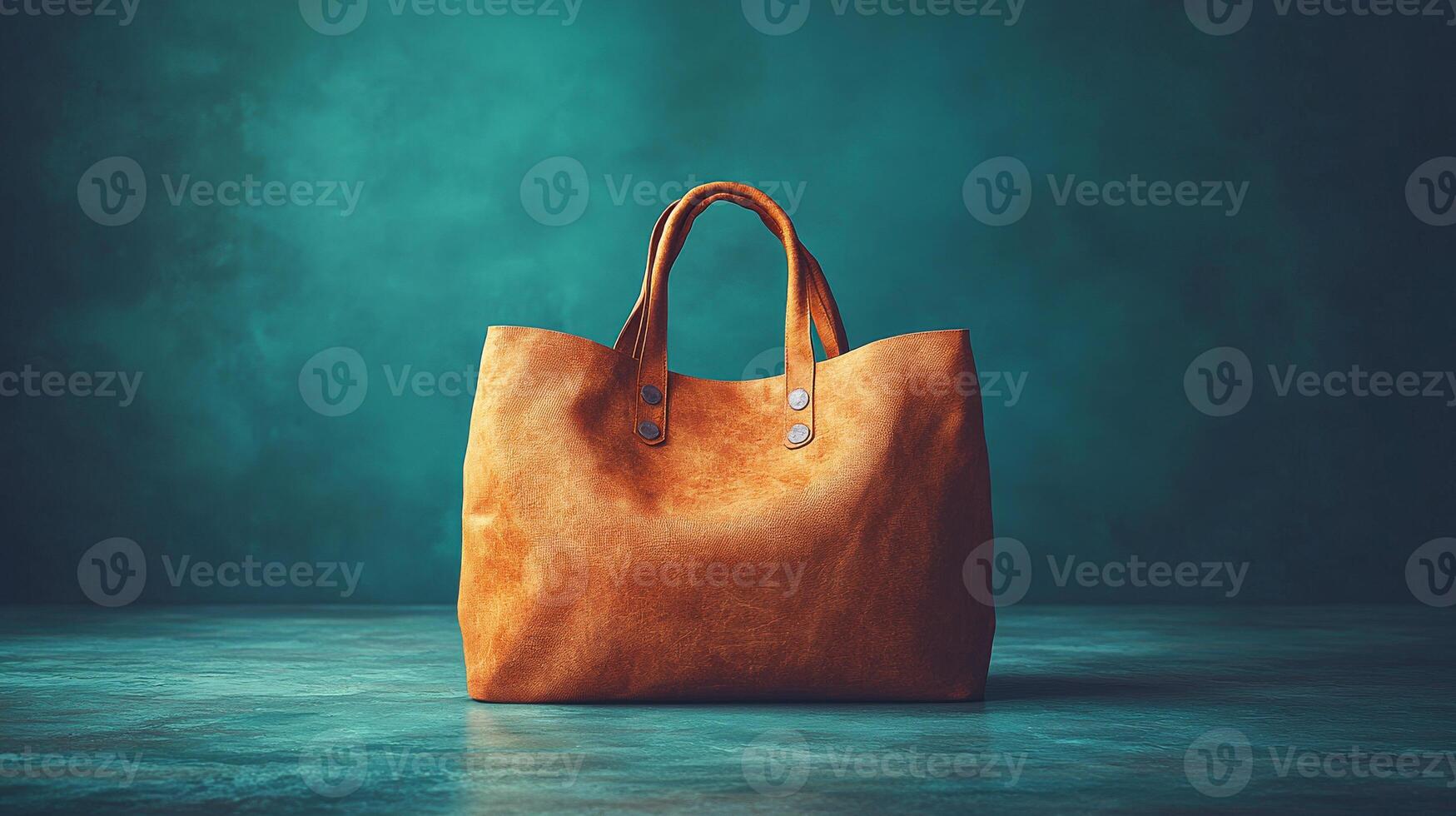 A tan leather purse is sitting on a table. The purse is large and has a brown color photo