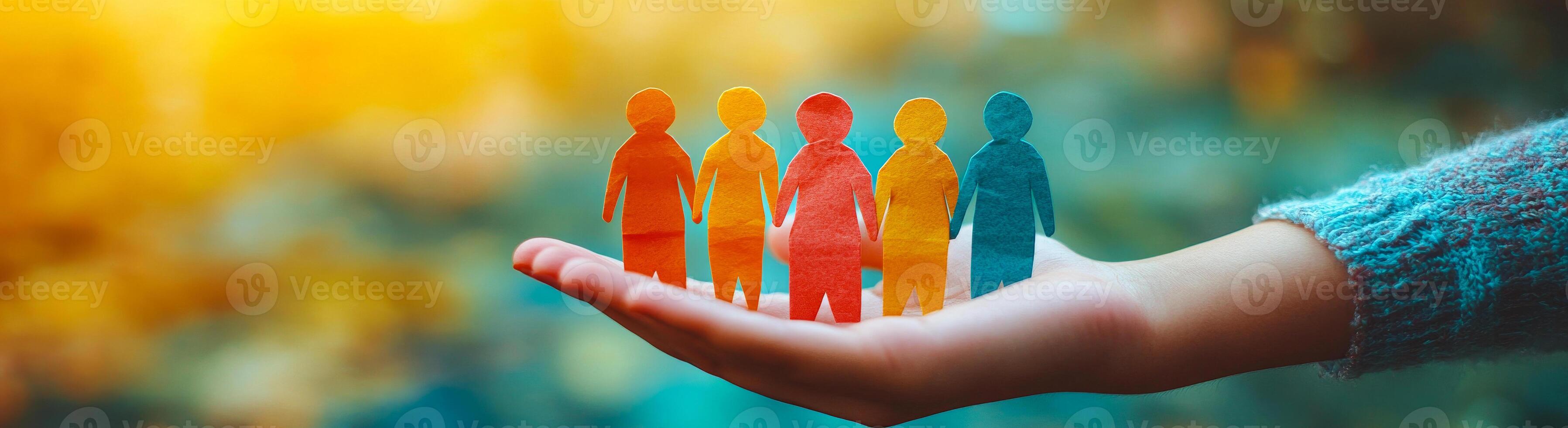 A hand holding a stack of paper people. The people are in different colors and sizes. The hand is holding the stack of paper people in a way that makes it look like they are a family photo