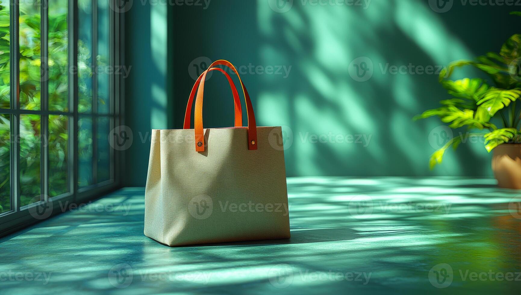 A tan and orange purse is sitting on a green floor. The purse is placed in front of a window, which is letting in sunlight. The scene has a bright and cheerful mood photo