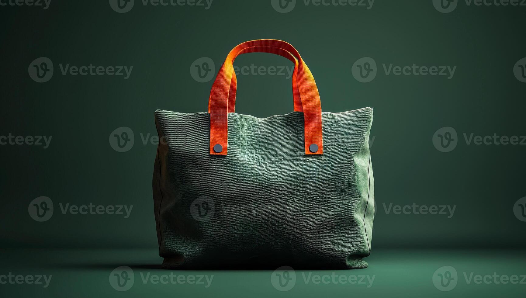 A green purse with an orange strap is displayed on a green background. The purse is made of leather and has a unique design. Concept of luxury and sophistication photo