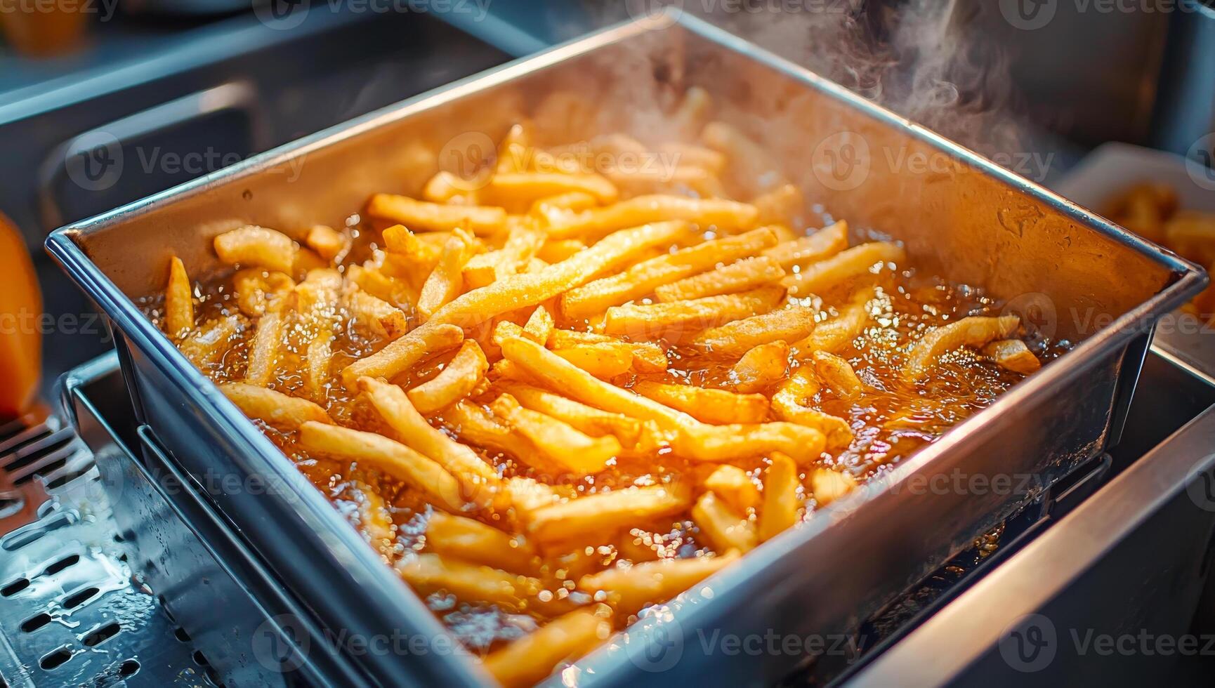 A pan of french fries is cooking in a fryer. The fries are golden brown and bubbling in the oil photo