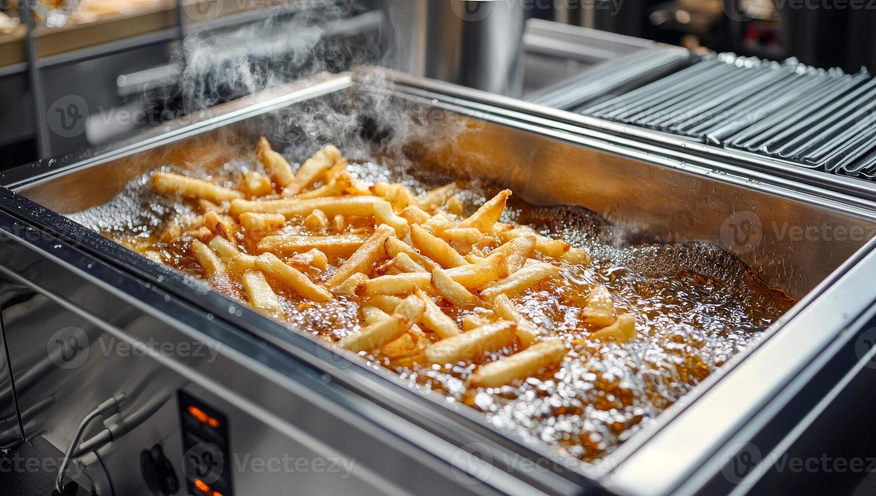A pan of french fries is being fried in a large pan. The pan is filled with oil and the fries are being cooked photo