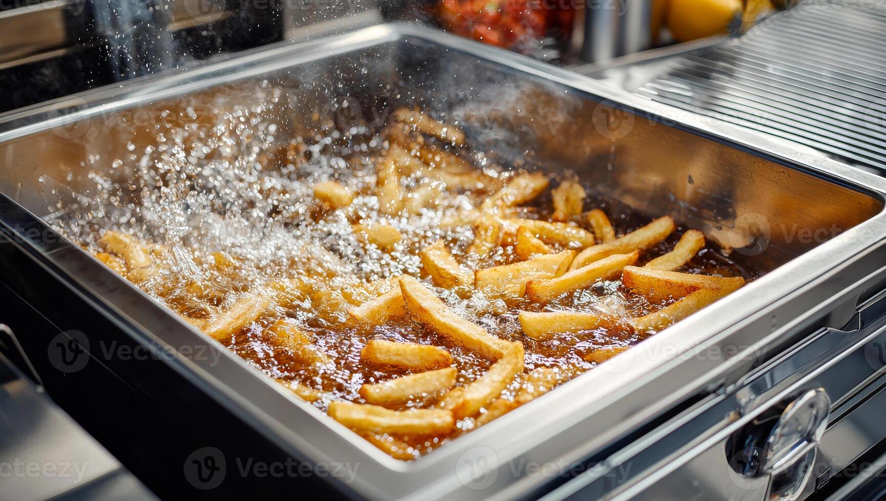 A pan of french fries is being cooked in a fryer. The oil is bubbling and the fries are sizzling as they cook photo