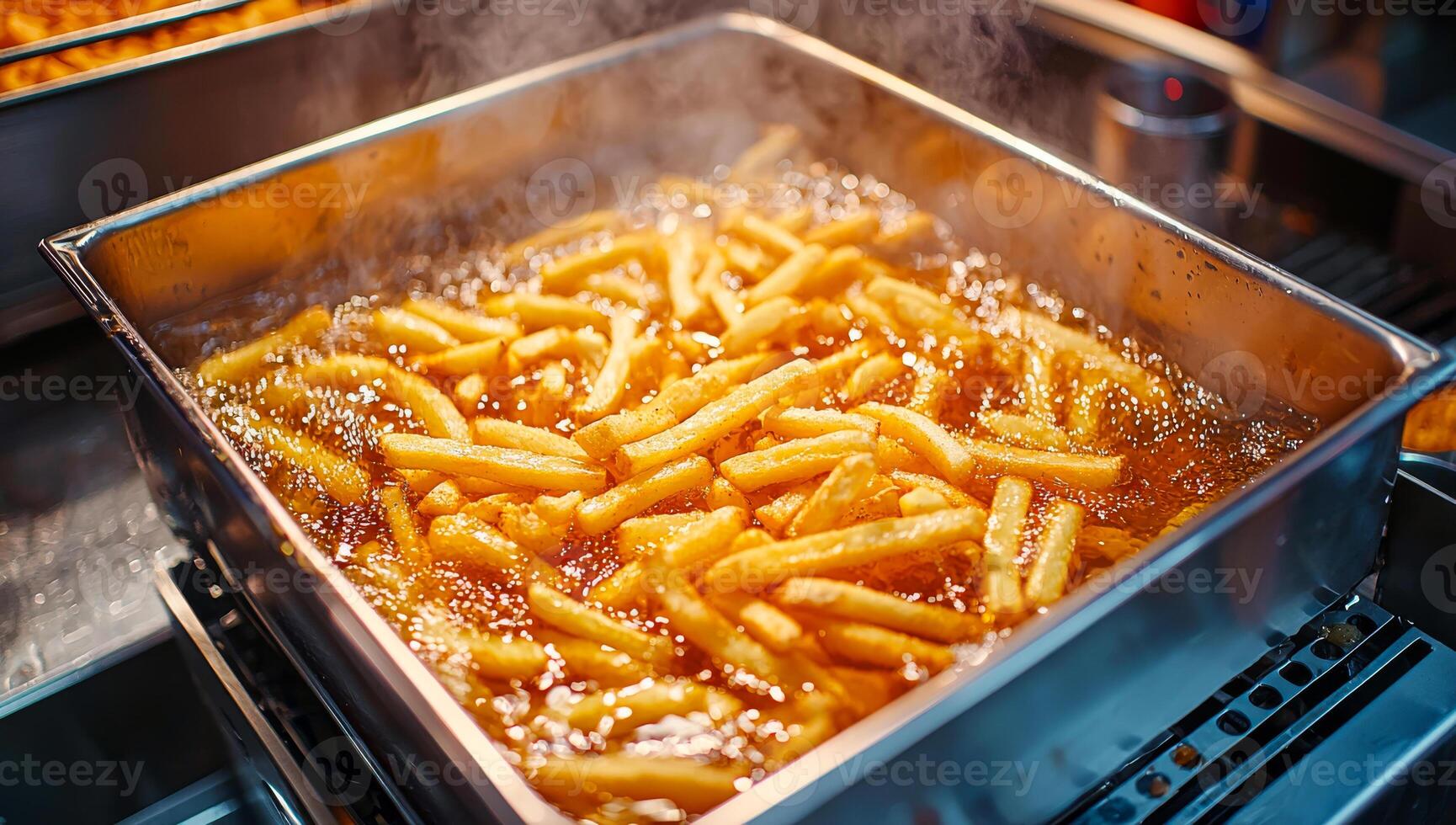 A pan of french fries is being cooked in a large pan of oil. The oil is bubbling and the fries are sizzling photo