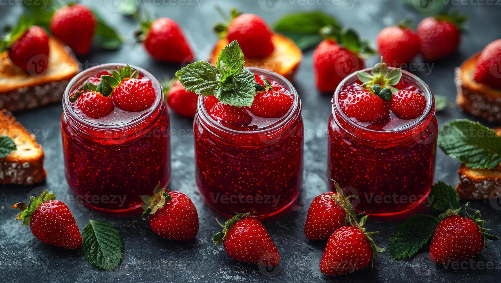 Three small glasses of strawberry jam with green leaves on top. There are also many strawberries on the table photo