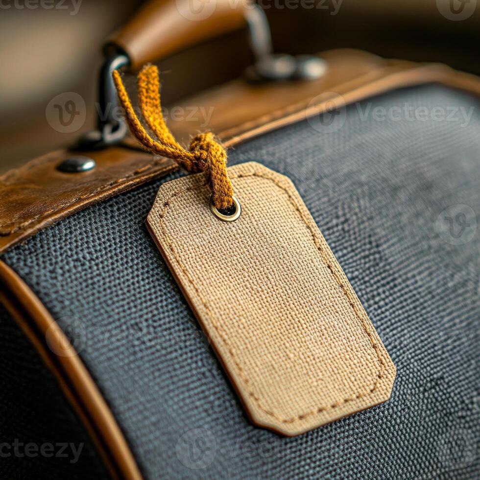 A brown leather suitcase with a yellow tag on it. The tag is attached to the handle of the suitcase photo