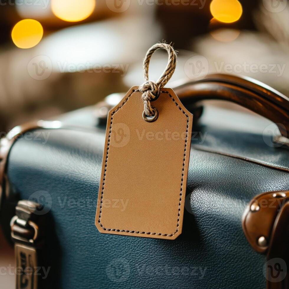 A tan tag is attached to a blue suitcase. The tag is empty and has a rope attached to it photo