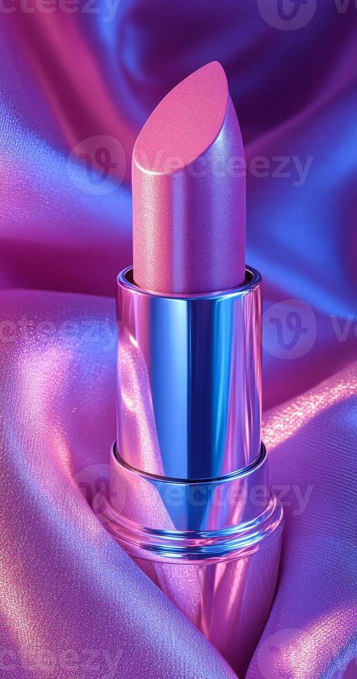 A pink lipstick is shown on a purple background. The lipstick is shiny and has a metallic finish. The image has a dreamy, ethereal quality to it, with the lipstick appearing almost like a work of art photo