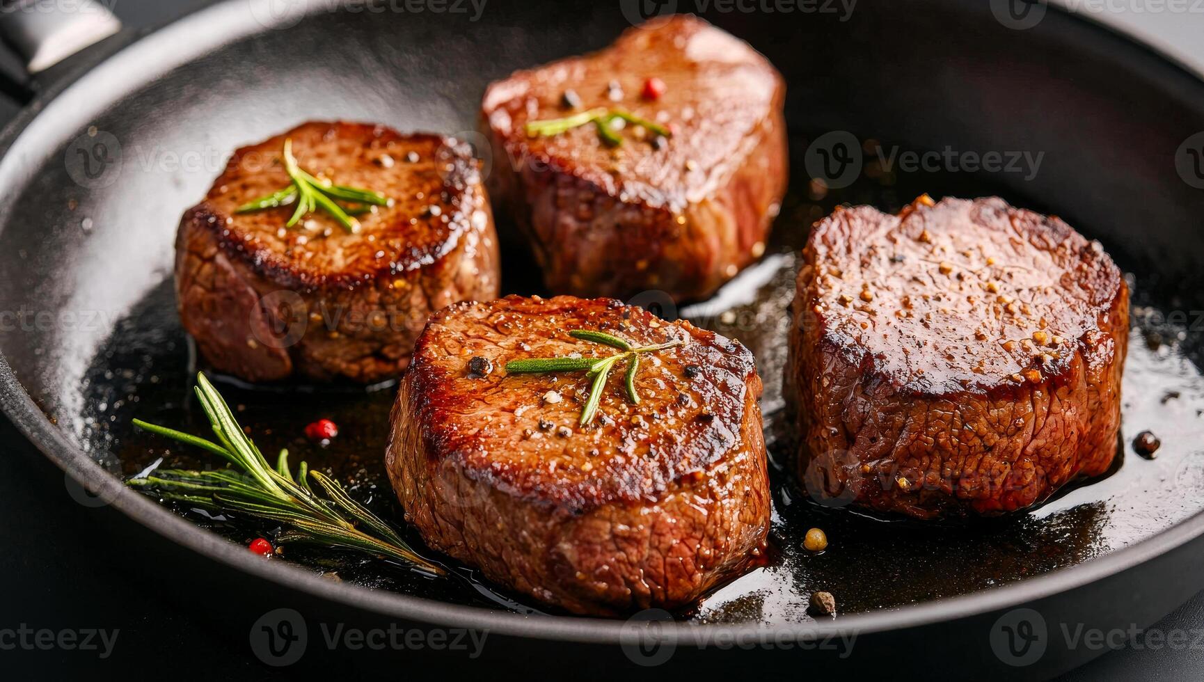 Four pieces of meat are cooking in a pan with herbs and spices. The meat is brown and looks delicious photo