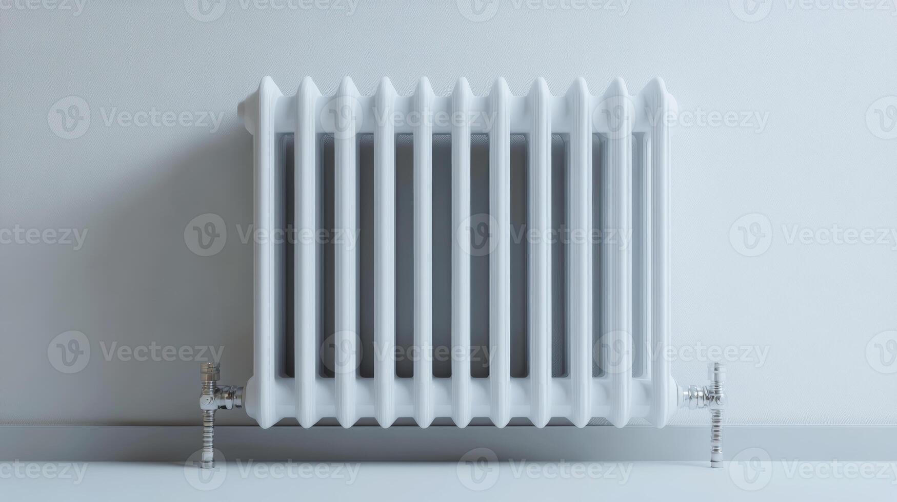 A white radiator with a silver valve on the side. The radiator is on a wall. The radiator is the main focus of the image photo