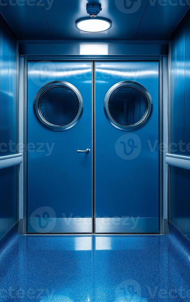 A blue door with two round windows and a silver handle. The door is open and the hallway is blue photo