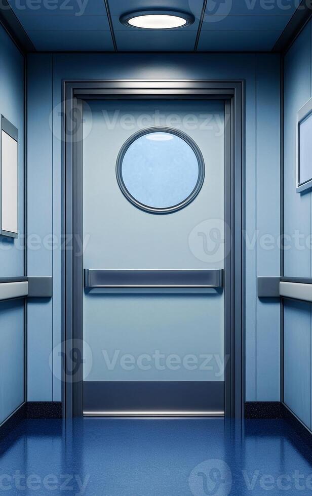 A blue hallway with a door that has a circular window. The door is open and there is a handrail on the door photo