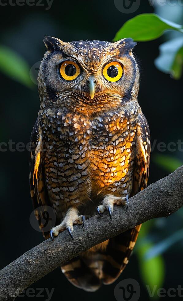 A brown owl with yellow eyes is perched on a tree branch. The owl's eyes are open and staring at the camera, creating a sense of curiosity and intrigue. The image captures a moment of stillness photo