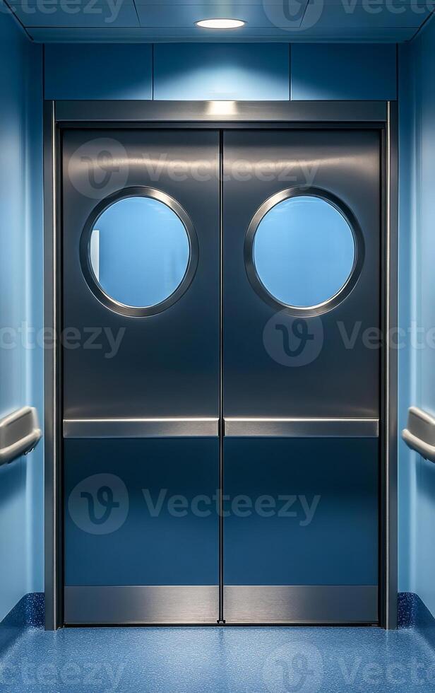 The door is blue and has a circular window in the middle. The door is made of metal and is open photo