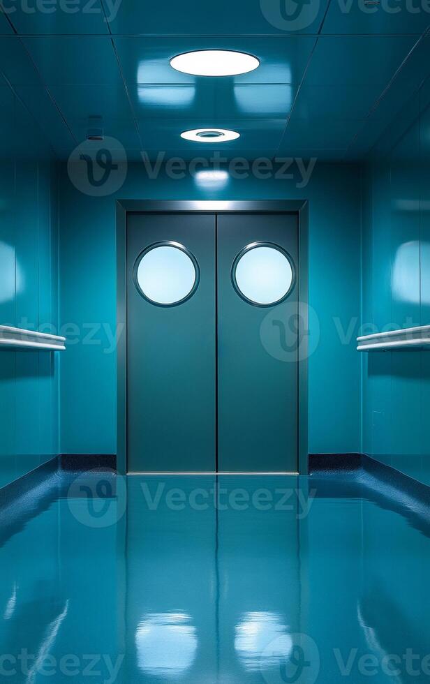 A blue hallway with two doors and a circular window. The hallway is empty and the doors are closed photo