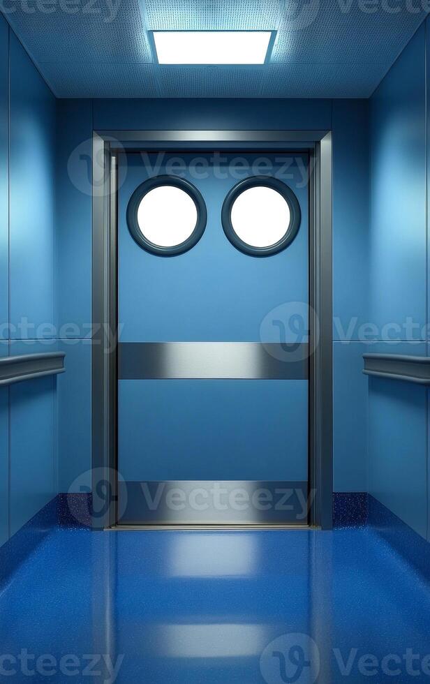 A blue hallway with a silver door that has two round windows. The door is located in the middle of the hallway and is surrounded by a blue wall photo