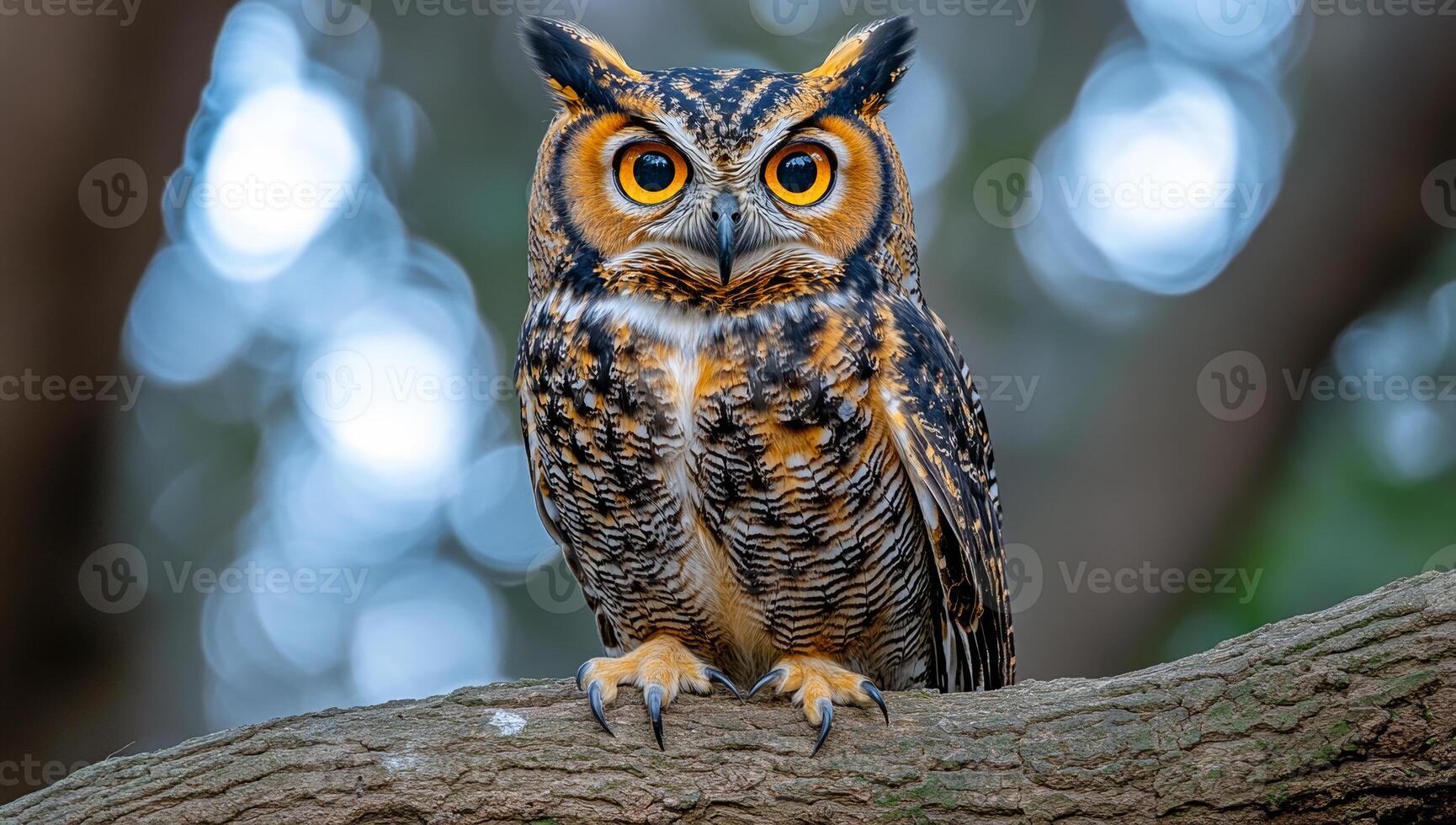 A large owl is perched on a tree branch, looking directly at the camera. The image has a serene and peaceful mood, as the owl appears to be calmly observing its surroundings photo