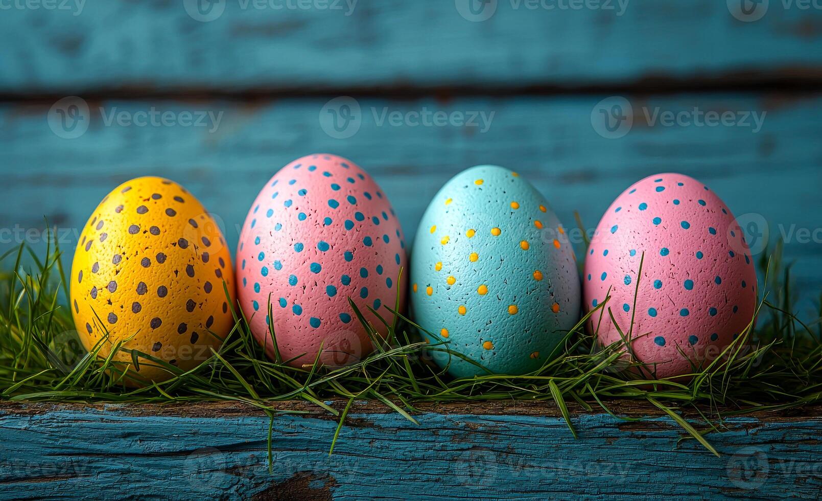 Four painted eggs with polka dots on them are sitting on a wooden surface. The eggs are of different colors, with one being yellow, one pink, and two blue. Concept of playfulness and joy photo