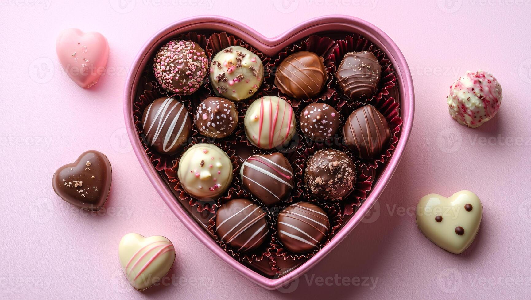 A heart-shaped box of assorted chocolates. The box is pink and has a heart shape. The chocolates are arranged in the box and are of different shapes and sizes. Concept of love and affection photo