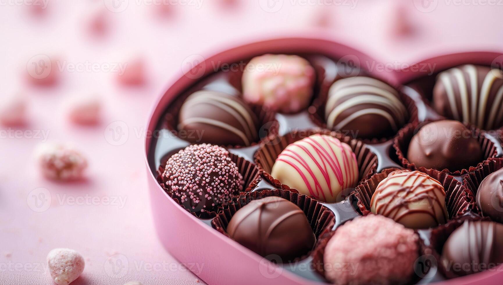 A box of assorted chocolates is arranged in a heart shape. The chocolates are of different flavors and colors, and they are all neatly arranged in the box photo