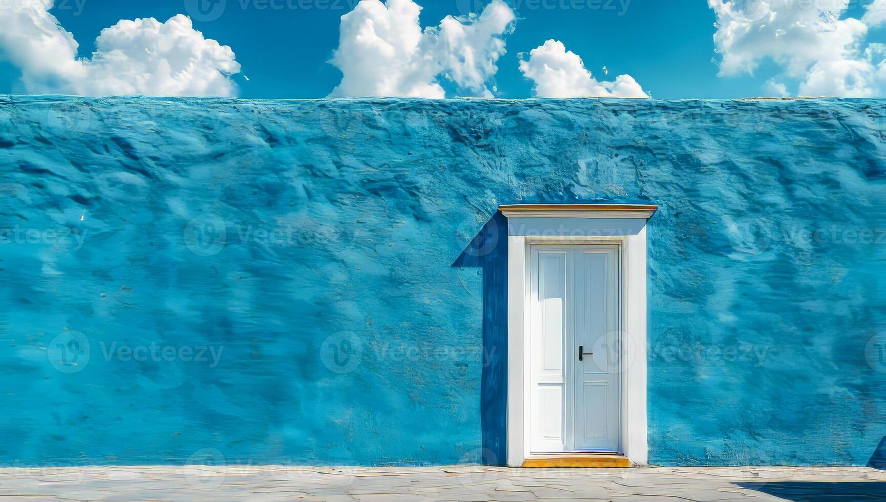A blue wall with a white door is standing in front of it. The door is open, and the wall is a deep blue color photo