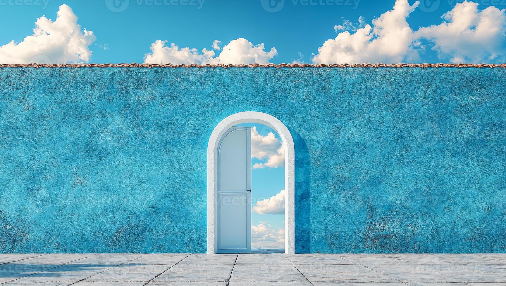 A blue wall with a white door in the middle. The door is open and the sky is visible behind it photo