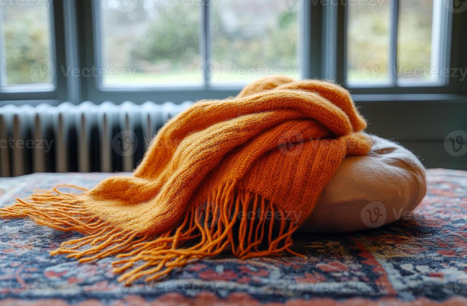 A yellow blanket with fringes is laying on a bed. The blanket is on a pillow and is next to a window photo