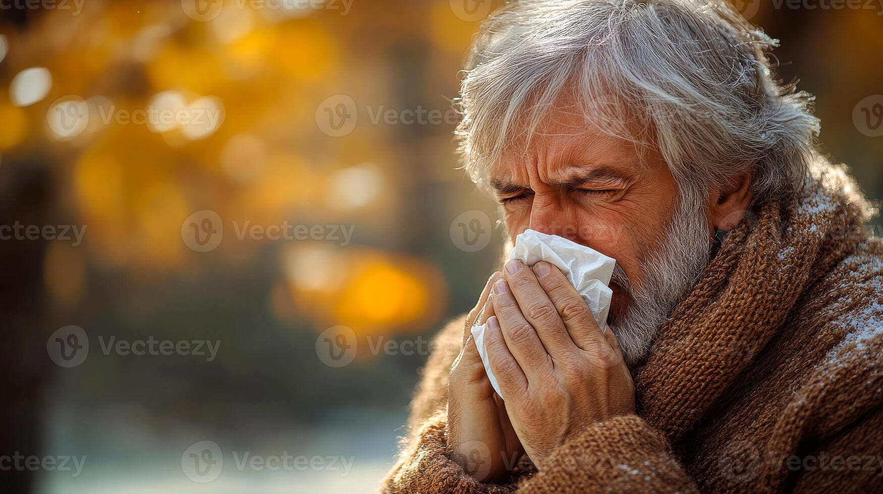 Man in sweater sneezing during autumn outdoors. A man with gray hair and a beard sneezes while standing in a park surrounded by colorful autumn leaves. photo