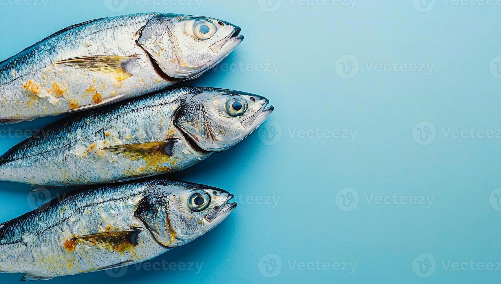 Freshly caught fish on a blue background. Three whole fish display their shiny skin and vibrant colors on a smooth blue surface, emphasizing freshness. photo