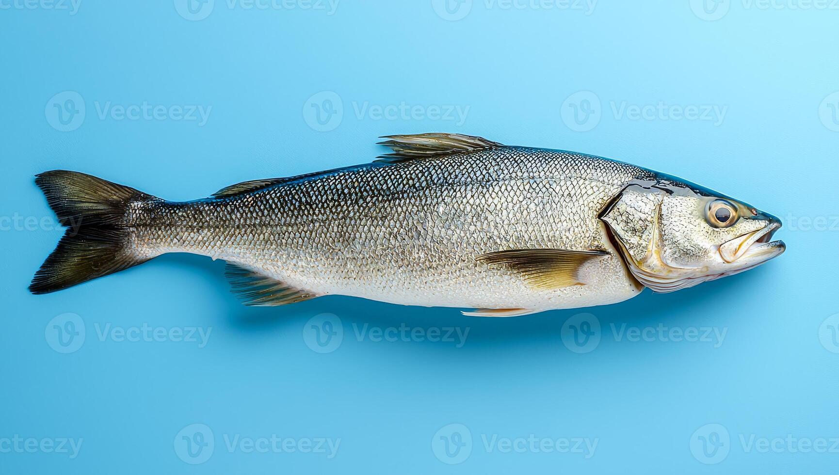 Fresh fish on light blue background. A whole fish rests on a light blue surface, showcasing its shiny scales and vibrant features perfectly. photo