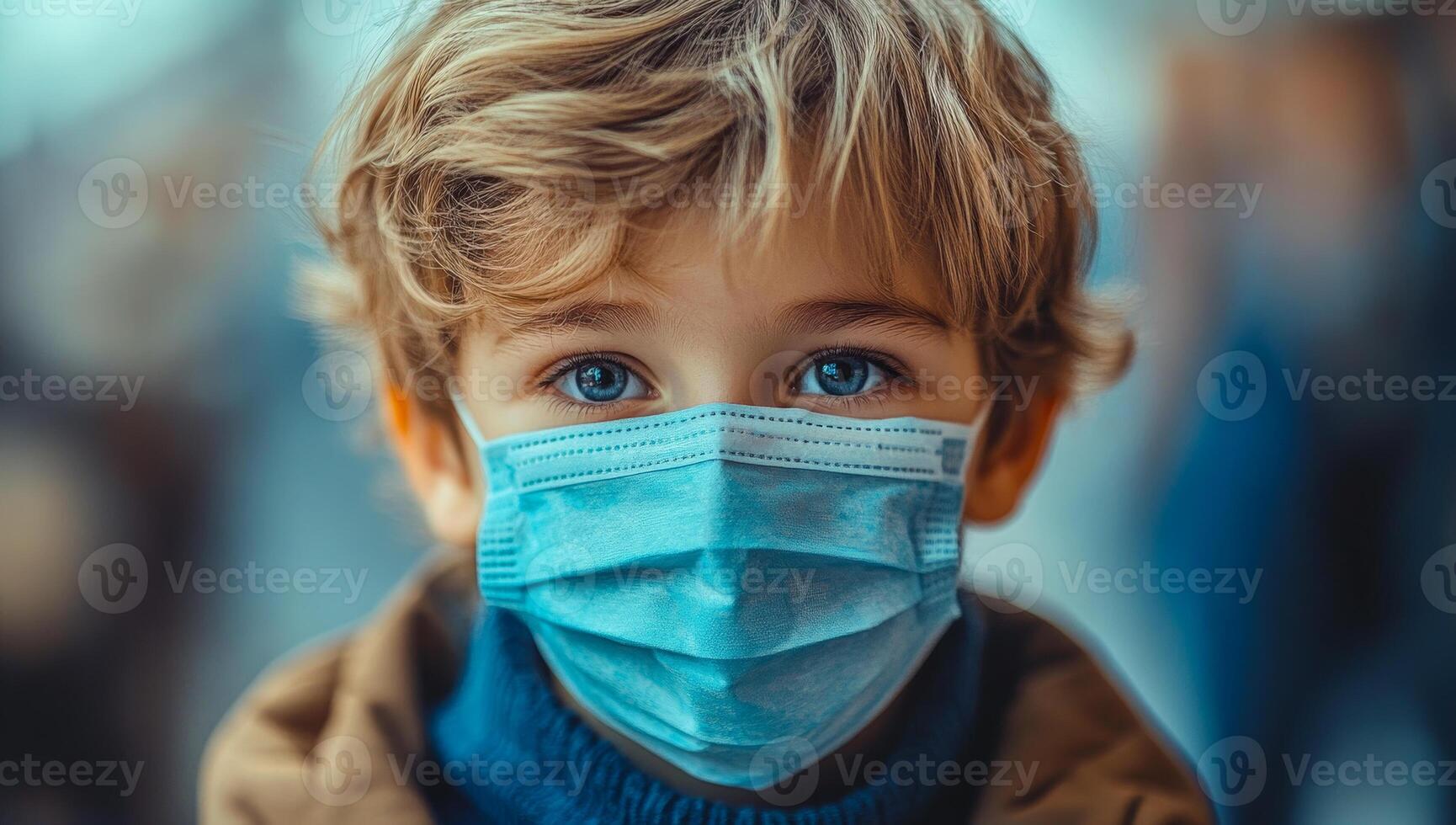 Child wearing a mask in a crowded environment. Young boy with blue eyes wearing a mask in a busy space, capturing a moment of caution during everyday life. photo
