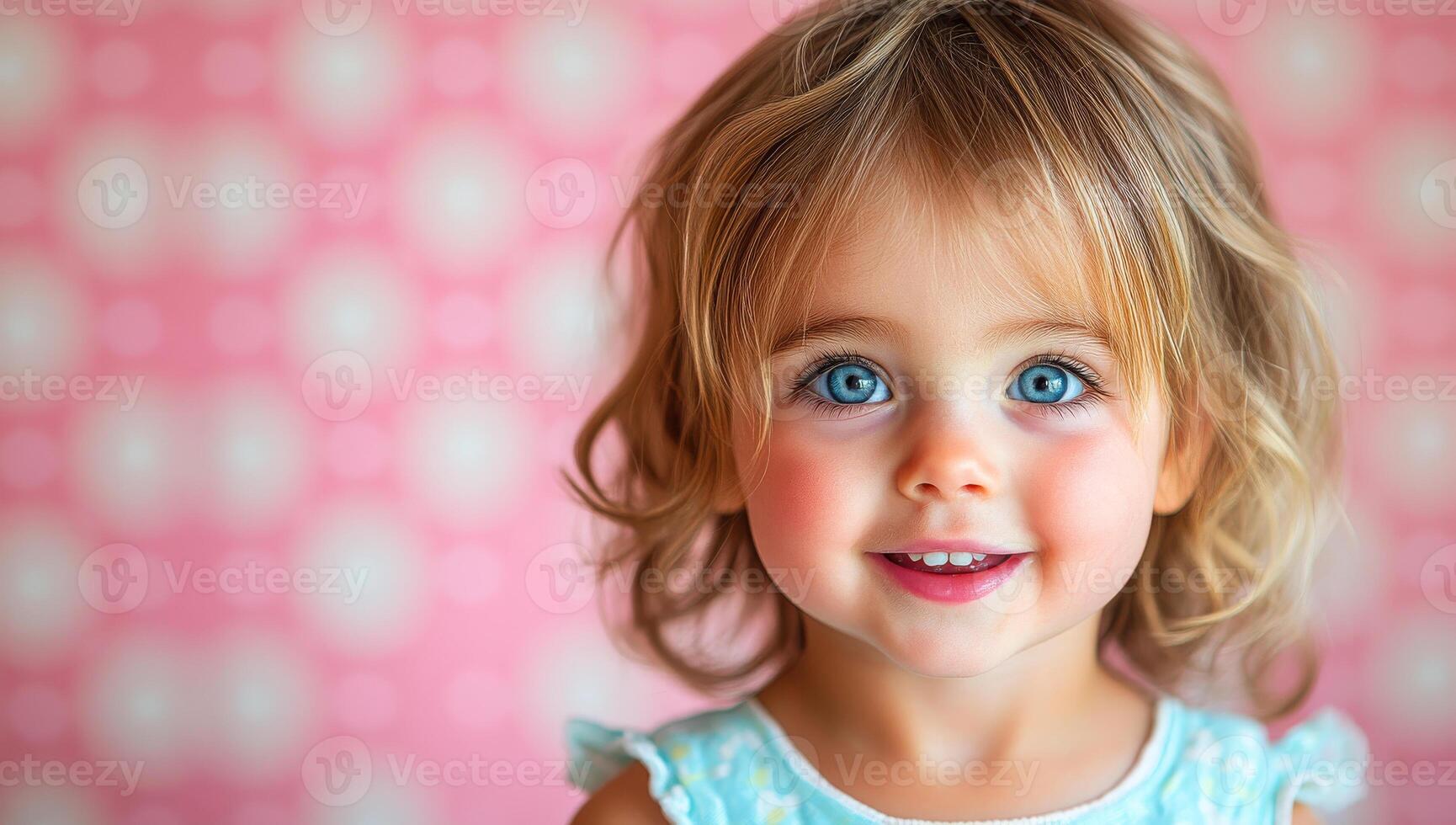 Child with blue eyes on pink backdrop. A young child with soft, curly hair smiles cheerfully in front of a bright pink backdrop, exuding joy and innocence. photo