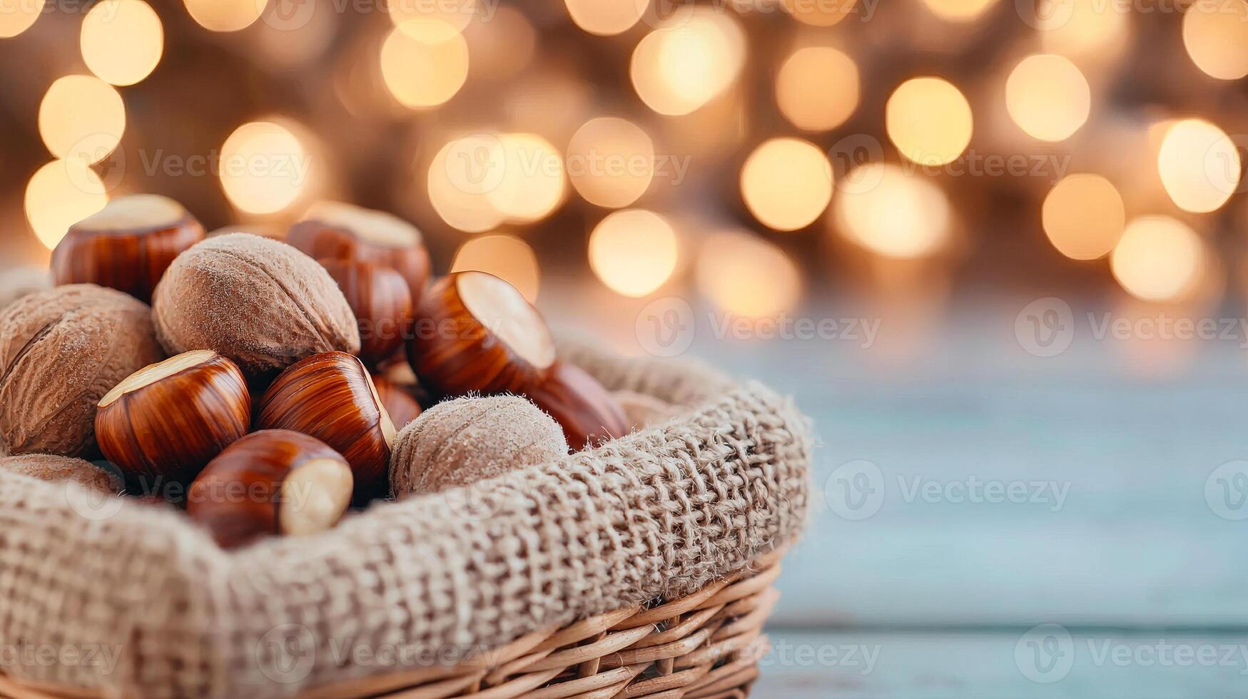 Hazelnuts with soft bokeh backdrop. A rustic basket filled with hazelnuts rests on a wooden surface, illuminated by soft, glowing lights in the background. photo