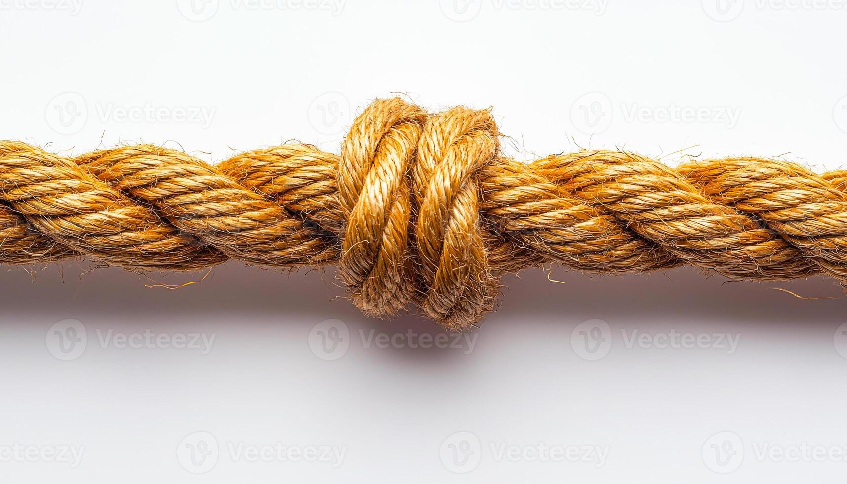 Intricate knot tied in sturdy brown rope. A close-up of a securely tied knot in thick brown rope, showcasing its texture and durability in detail. photo