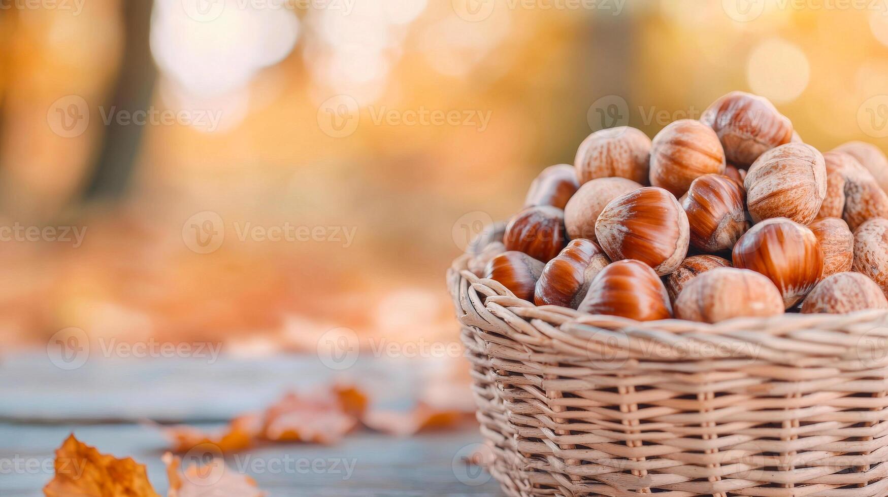 Freshly harvested hazelnuts in a woven basket. A woven basket filled with fresh hazelnuts rests on a wooden table surrounded by autumn leaves and soft sunlight. photo