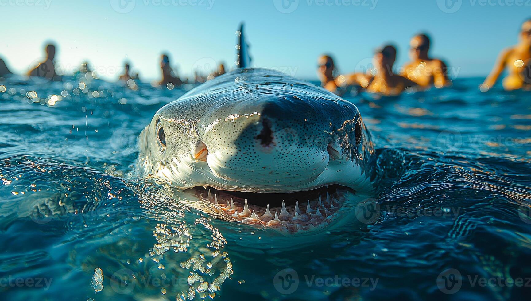 Close encounter with a shark in clear blue water. A large shark approaches swimmers in clear blue waters during a sunny day, creating an exciting underwater atmosphere. photo
