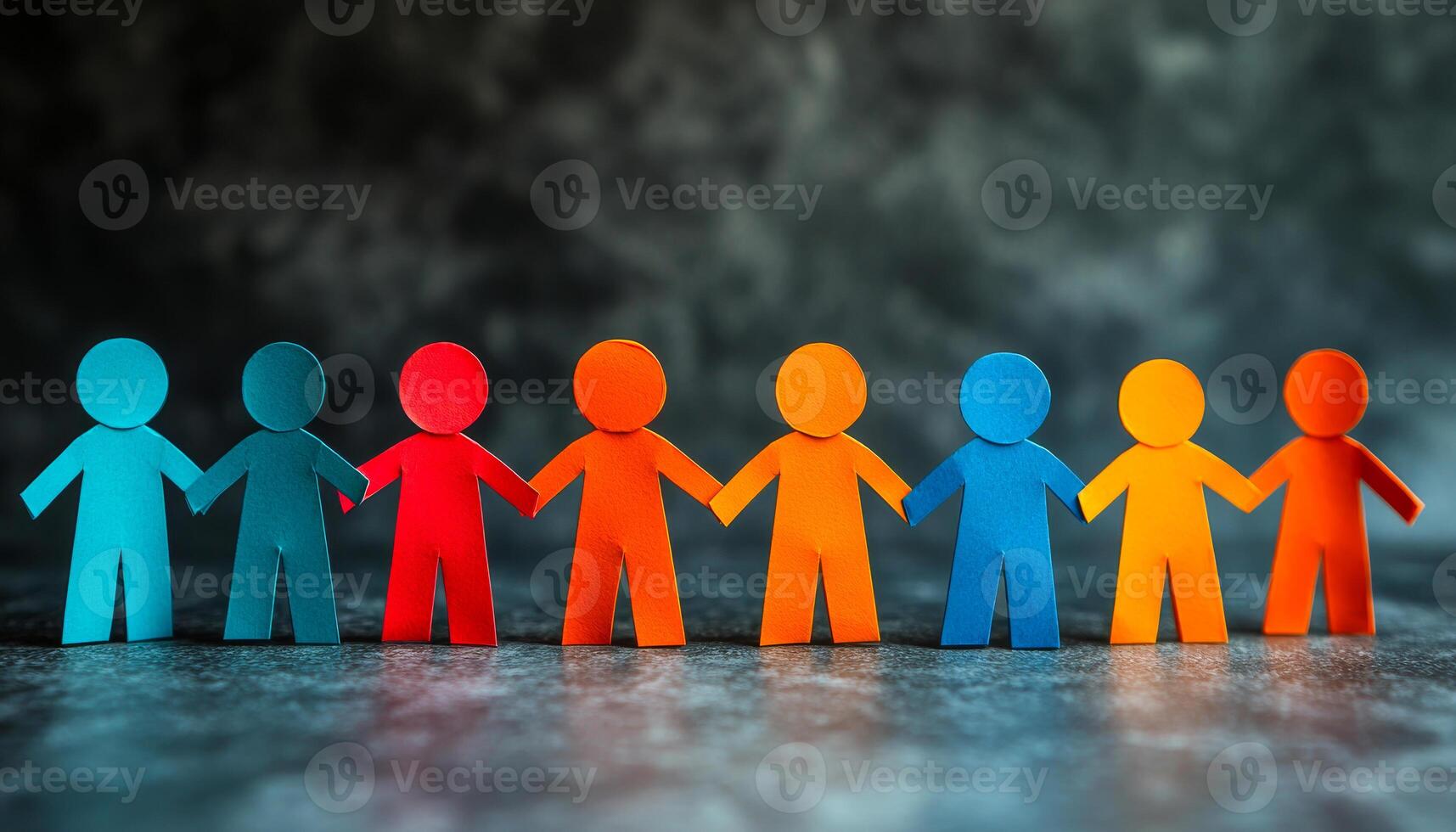 Colorful paper figures holding hands in unity. Colorful paper cutouts of people stand in a line, holding hands and symbolizing togetherness and community values. photo
