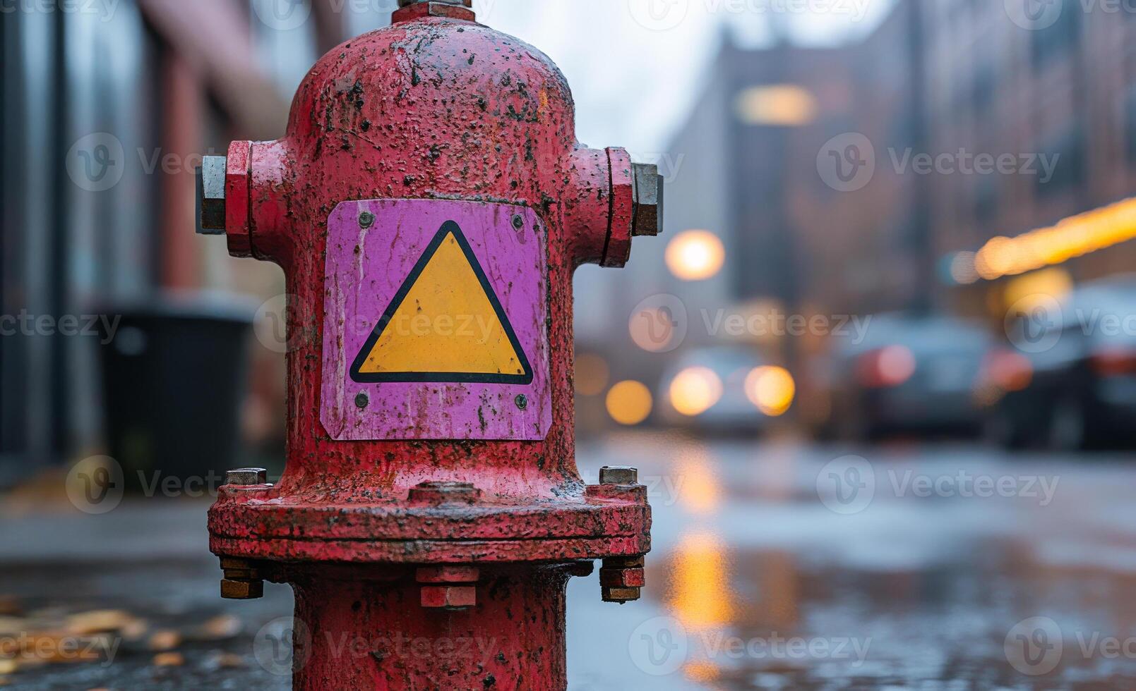 Colorful fire hydrant in a rainy urban street. A vibrant pink fire hydrant stands on a wet street during rain, with blurred city lights in the background. photo