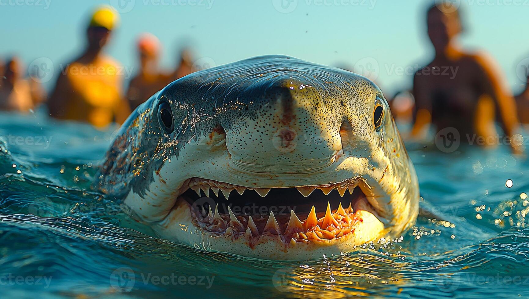 Shark encounters swimmers in clear blue water. Swimmers enjoy the ocean as a shark approaches, displaying its sharp teeth. The bright sun highlights the scene. photo