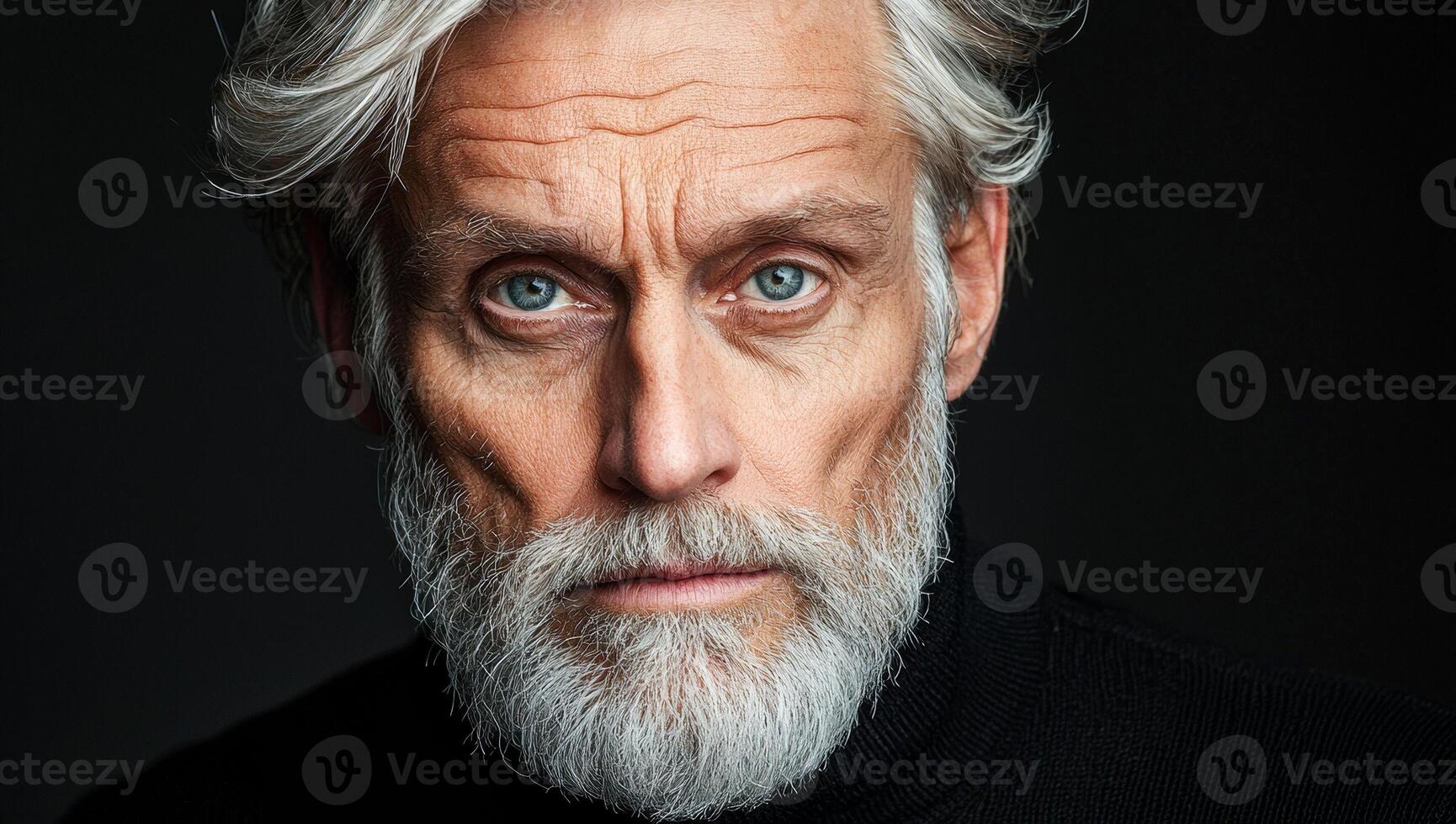 Portrait of a distinguished man with silver hair. A distinguished man with silver hair and a beard gazes sharply with deep blue eyes and a thoughtful expression. photo