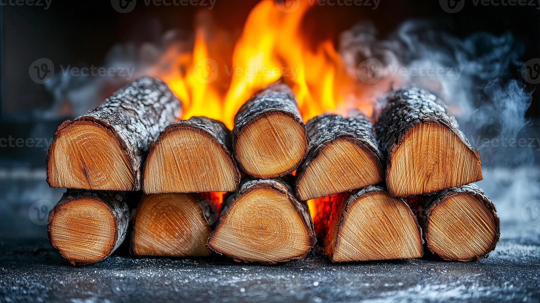 Logs stacked by vibrant fireplace flames. Warm flames dance around neatly stacked logs, providing a cozy atmosphere in a rustic setting. photo