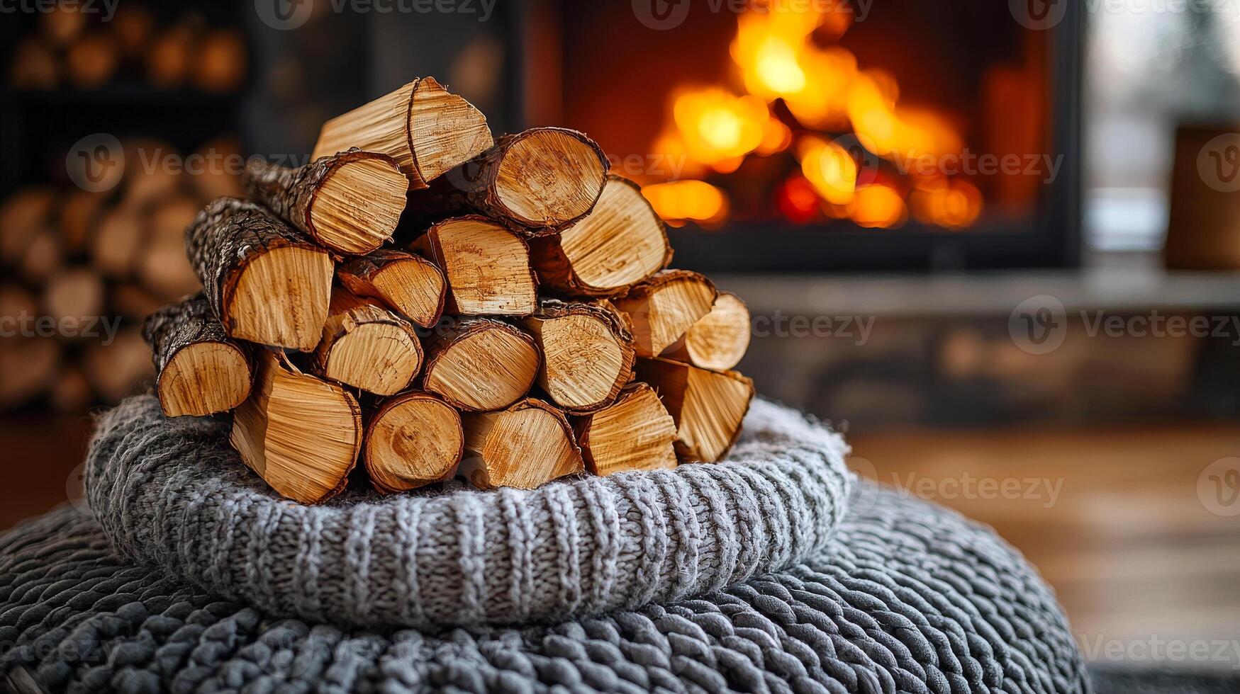Cozy scene with firewood and roaring fireplace. Stacked firewood sits on a knitted pouf near a warm, glowing fireplace in a cozy indoor setting. photo
