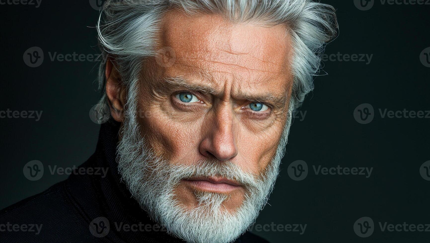 Portrait of an older man with striking features. An older man with white hair and a beard gazes intensely, showcasing his distinct facial characteristics and emotions. photo