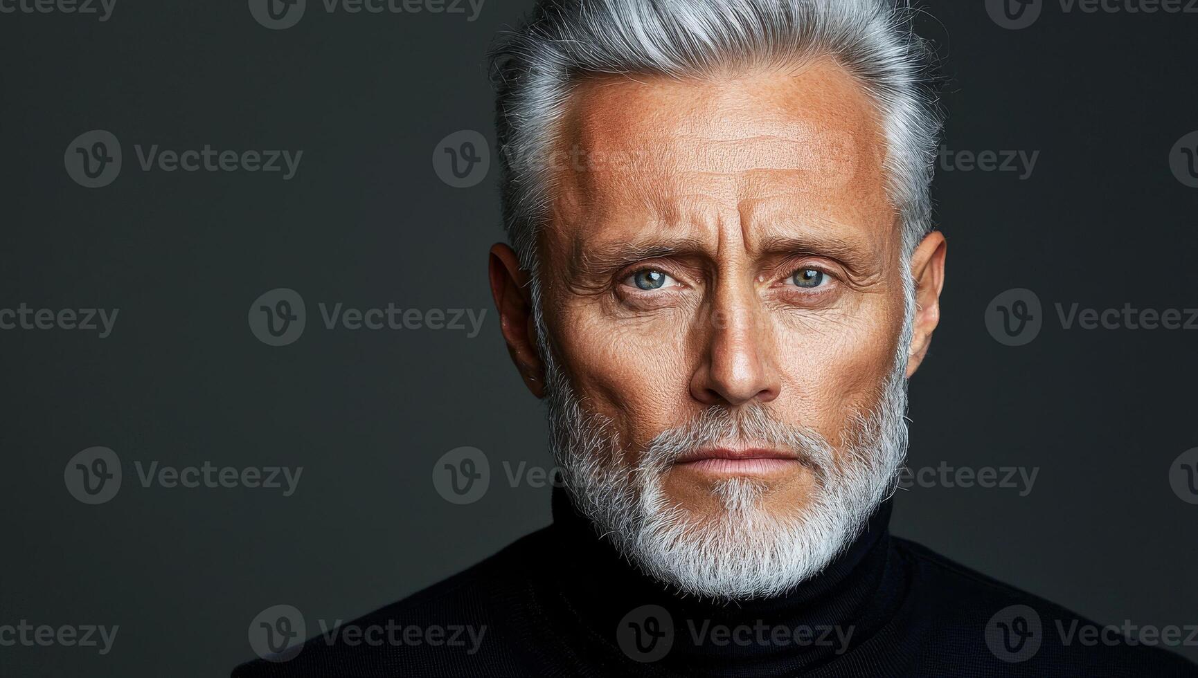 Mature man with striking gray hair and beard. Portrait of a mature man showcasing his gray hair and beard, exuding confidence with a serious expression. photo