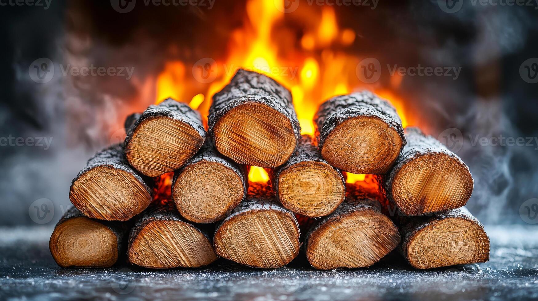 Cozy stack of firewood glowing by the flames. Logs neatly arranged in front of a roaring fireplace, creating a warm ambiance perfect for chilly evenings. photo