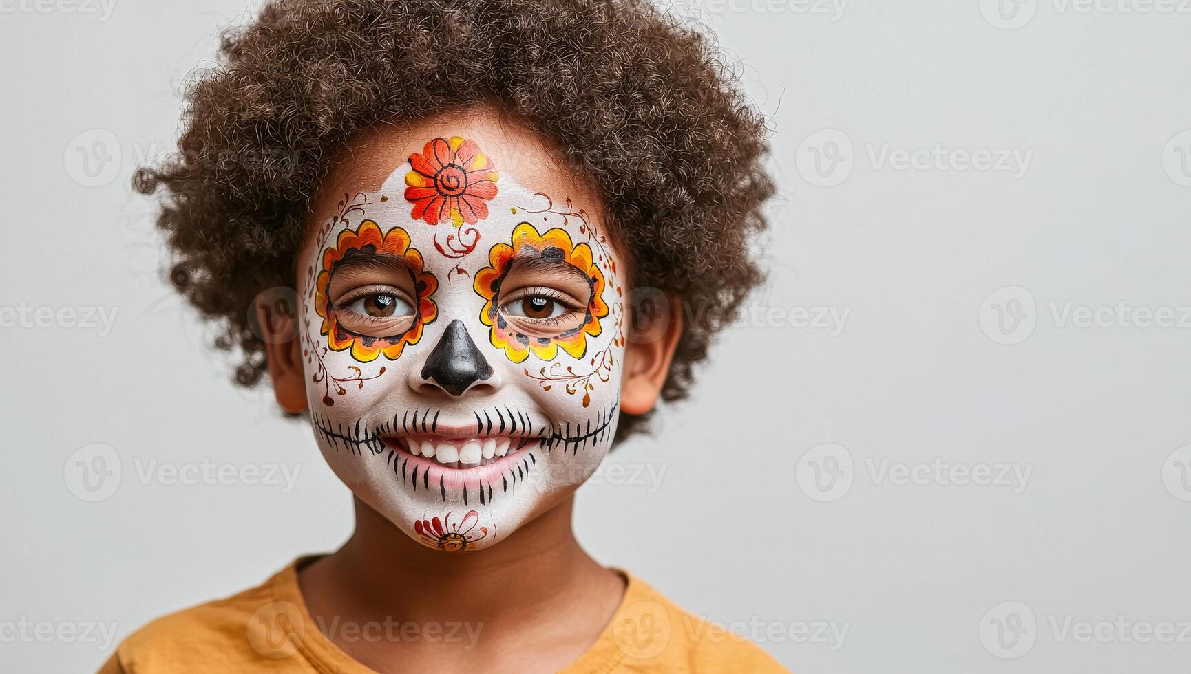 Child with colorful sugar skull face paint smiling. This child is joyfully showcasing intricate sugar skull face paint during a celebration. photo
