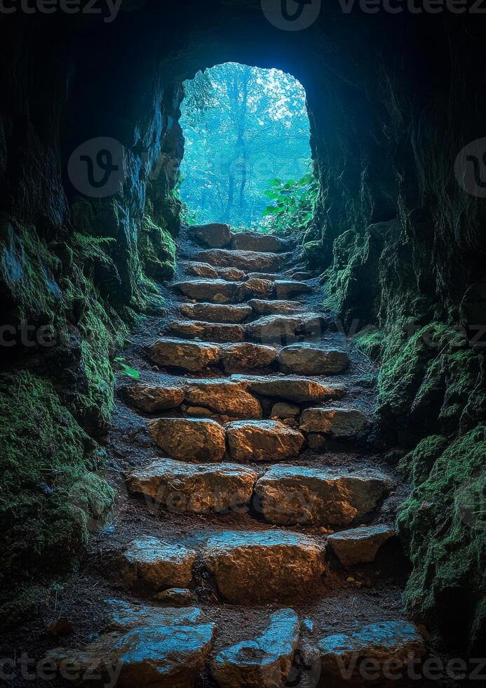 Exploring stone steps in a mossy cave at dawn. Stone steps lead through a dim cave, illuminated by soft blue light filtering into the forest at dawn. photo