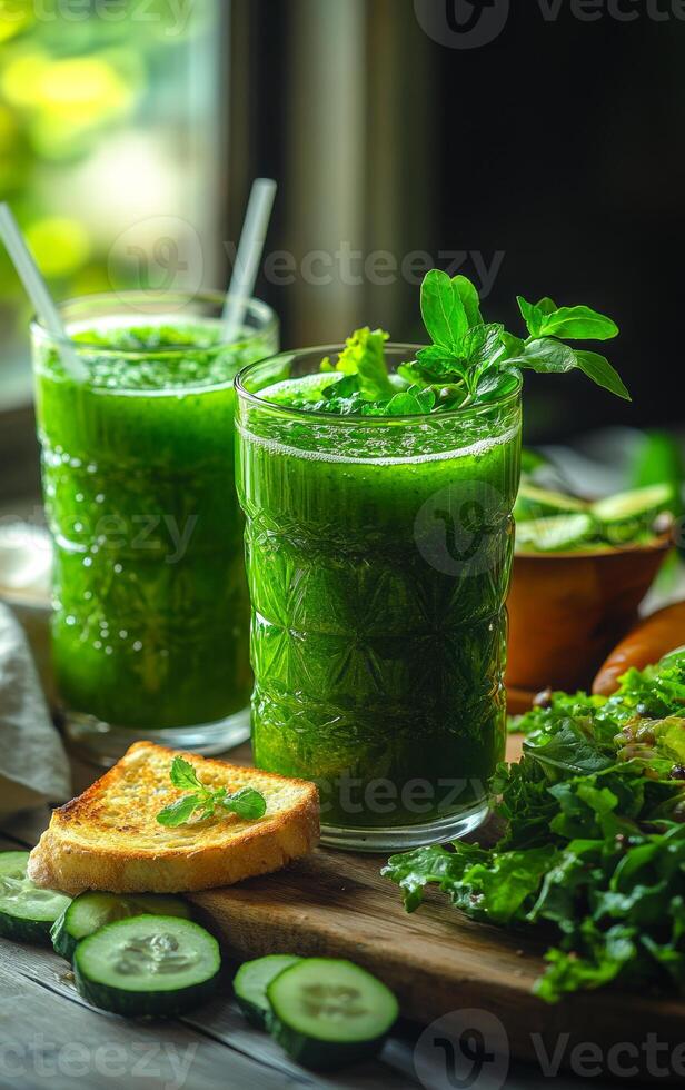 Green smoothies and healthy snacks. Two refreshing green smoothies are served alongside slices of bread and cucumbers, creating a vibrant, healthy scene. photo
