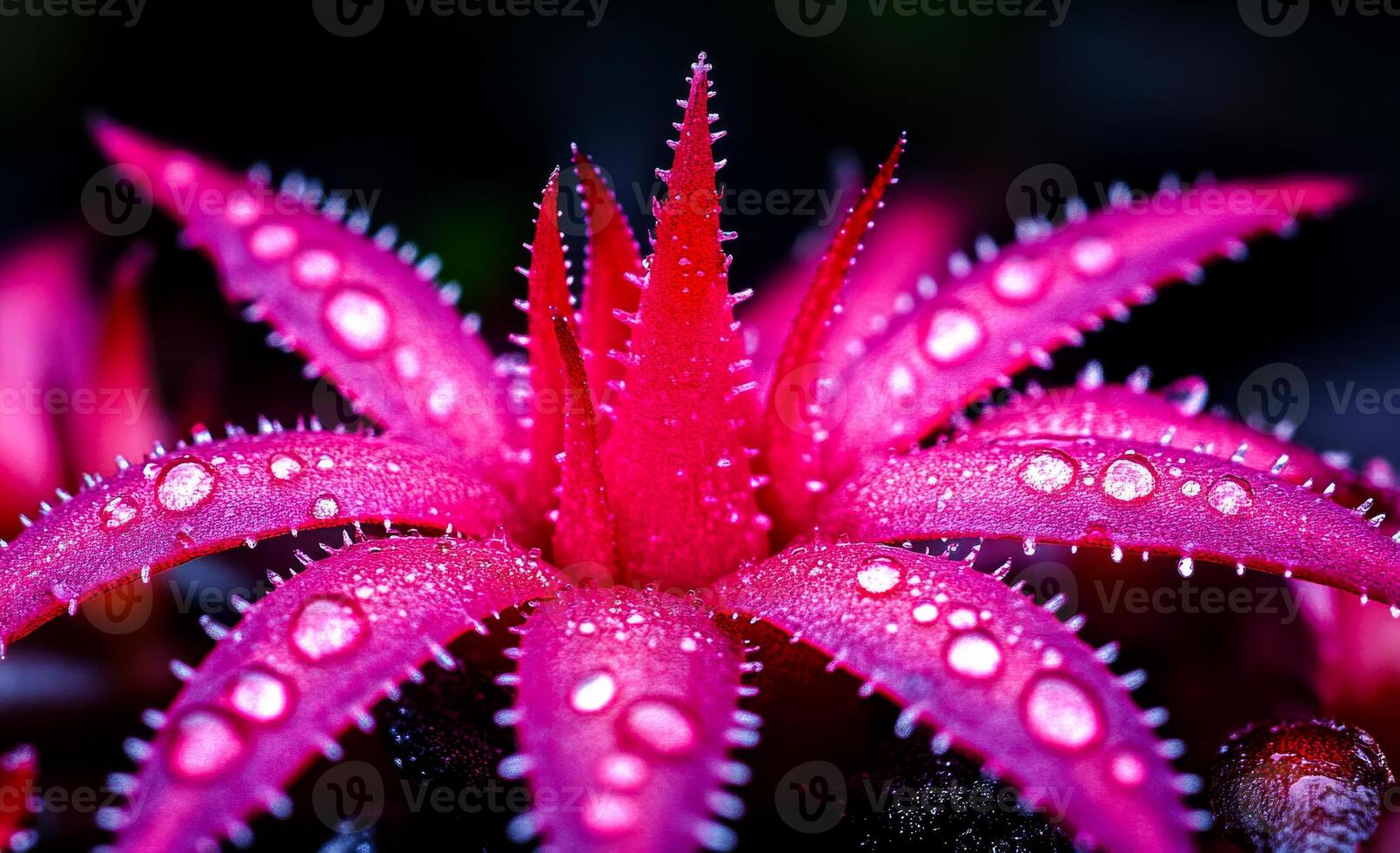 Bright pink plant with dew drops under soft light. A vibrant pink plant displays droplets of water, showcasing its unique texture in a soft-light environment. photo